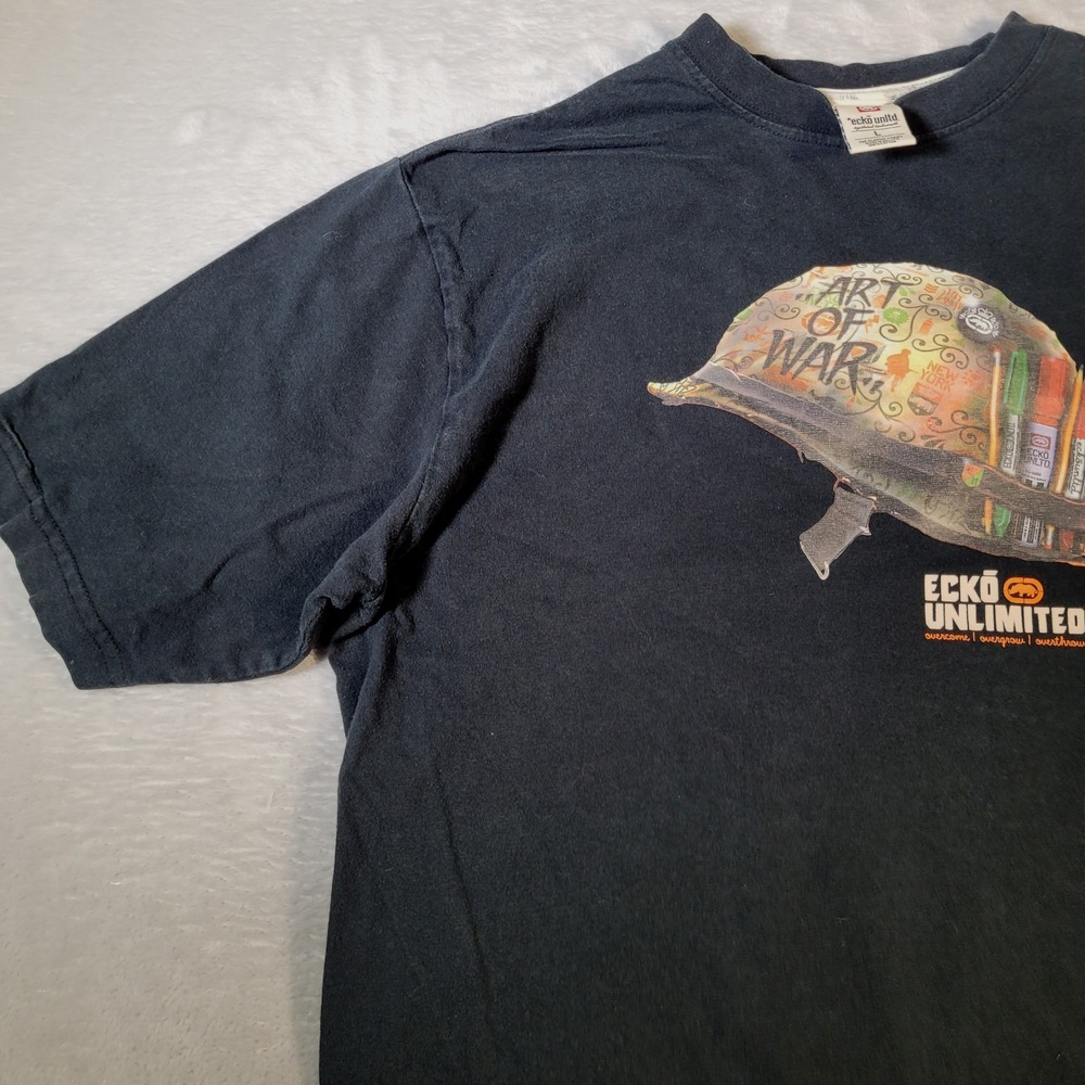 Ecko Unltd T-Shirt Mens Large Black Art of War Helmet Graphic Streetwear Tee Y2K - Picture 3 of 13